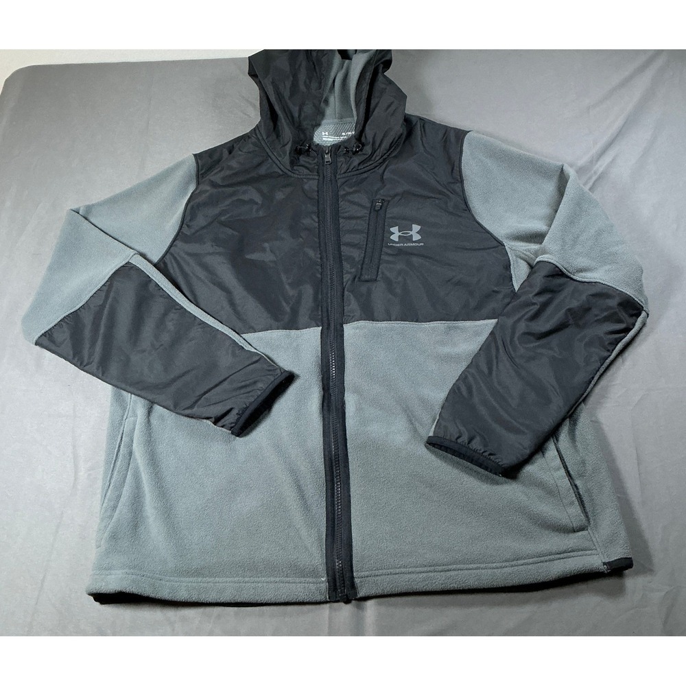 Under Armour Mens XL Gray Black Hybrid Fleece Full Zip Hoodie Jacket Loose Fit